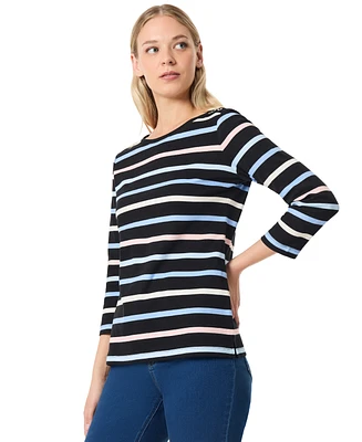 Jones New York Petite Striped Button-Shoulder Cotton Top