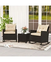 3 Pcs Patio Wicker Rocking Set with Tempered Glass Table & Soft Cushions Outdoor
