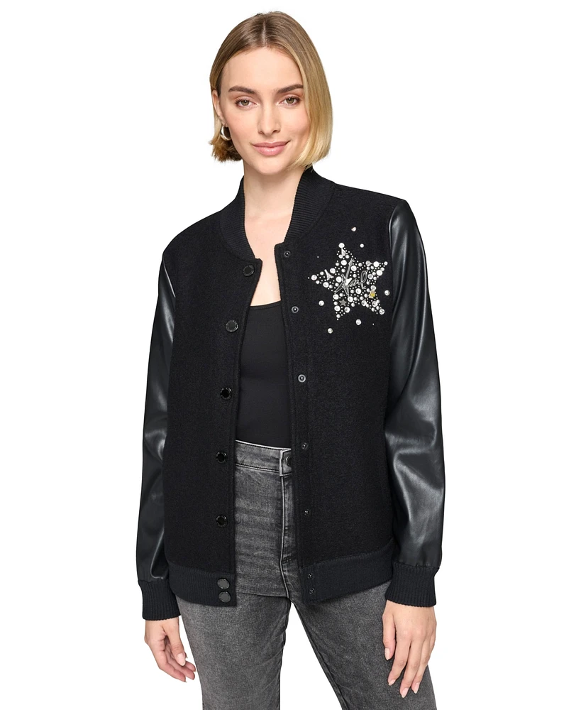 Karl Lagerfeld Paris Women's Embellished Mixed-Media Varsity Jacket