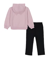 Calvin Klein Toddler Girl Puff Sleeve Logo Hoodie Flare Leg Fleece Pants, 2-Piece Set