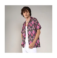 Campus Sutra Men's Midnight Black & Light Pink Ethnic Shirt