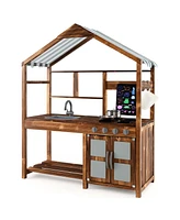 Costway Wooden Mud Kitchen with Chalkboard, Stoves, Removable Sink & Accessories