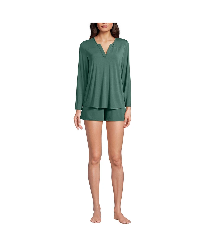 Lands' End Women's Cooling 2 Piece Pajama Set - Long Sleeve Flowy Shirt and Shorts