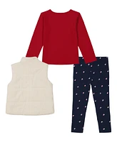 Tommy Hilfiger Toddler and Little Girls Long Sleeve Logo Tee, Corduroy Vest Printed Leggings, 3 Piece Set