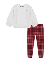 Tommy Hilfiger Toddler and Little Girls Cable Sherpa Crewneck Pattern Leggings, 2 Piece Set