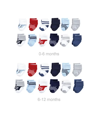 Luvable Friends Baby Boys Grow with Me Cotton Terry Socks, Red Navy Sneakers, 0-6 and 6-12 Months