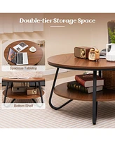 Costway 2-Tier Round Coffee Table with Wood Grain Finish & Heavy-duty Metal Frame