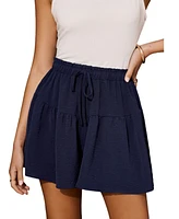 Cupshe Women's Navy Drawstring Ruffled Wide Leg Shorts