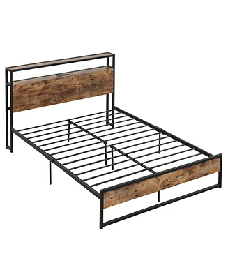 Gymax Full Size Industrial Platform Bed Frame with Charging Station Storage Headboard