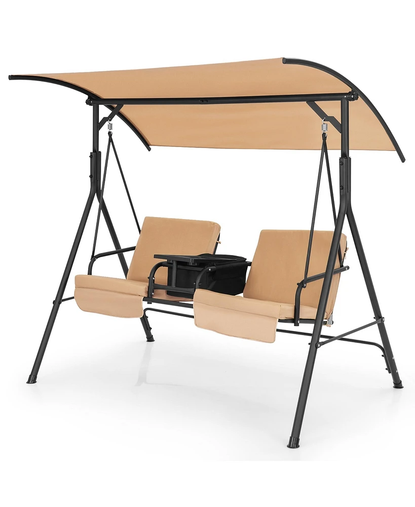 Costway 2-Person Canopy Porch Swing Padded Chair Cooler Bag Rotatable Tray Beige