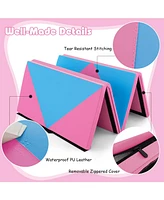 Vebreda 8 Feet Pu Leather Folding Gymnastics Mat with Hook and Loop Fasteners-Pink & Blue