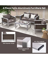 Costway 4 Pcs Aluminum Patio Furniture Set with Thick Cushions & Tempered Glass Tabletop
