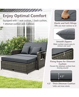 Costway Wicker Loveseat Sofa Set Patio Rattan Daybed with Ottoman & Retractable Side Tray