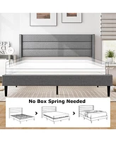 Costway Queen Bed Frame with Wingback Headboard Linen Upholstered Platform