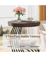 Tribesigns Round End Table: 2 Tiers Faux Marble Side Table with Storage Shelf, Bedside Nightstand, Metal Arc