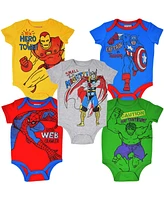 Marvel Baby Boys Avengers Spider-Man Iron Man Hulk Captain America 5 Pack Bodysuits Newborn to