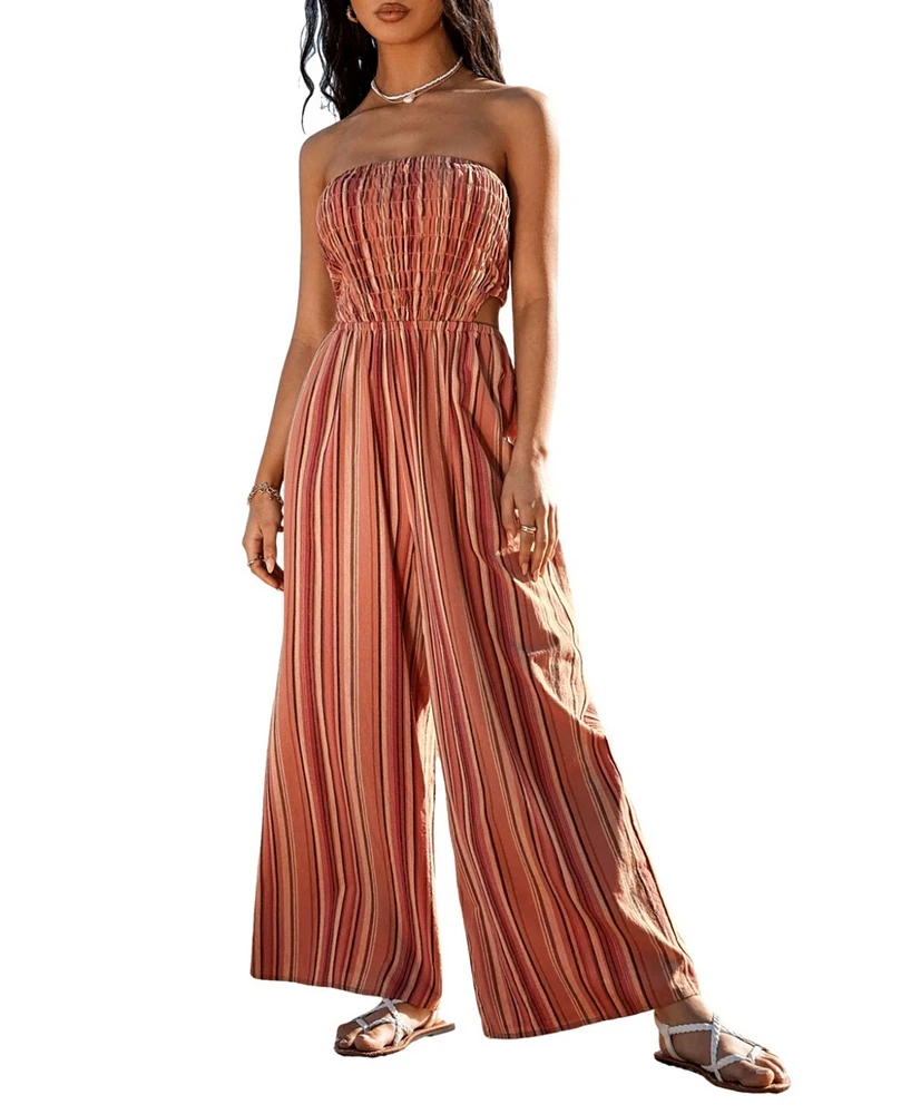 Cupshe Women's Striped Smocked Wide Leg Tube Jumpsuit