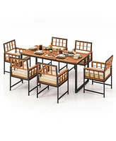 Sugift 7 Pieces Patio Acacia Wood Dining Set with Soft Cushions and Umbrella Hole