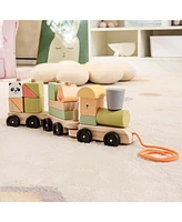 Kids Wooden Train Set Toddler 3-Section Toy Train with Stackable Building Blocks