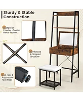 Sugift Ladder Vanity Desk Set with Flip Top Mirror and Cushioned Stool