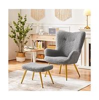 Yaheetech Boucle Accent Chair and Ottoman Set with Golden Metal Legs