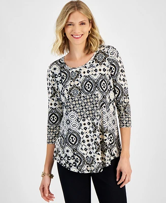 Jm Collection Petite Regal Tiles 3/4-Sleeve Top, Created for Macy's