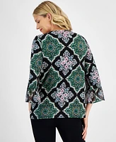 Jm Collection Women's Embellished-Trim Printed Bell-Sleeve Top, Created for Macy's