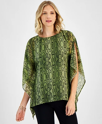 Jm Collection Women's Animal-Print Embellished Chiffon Poncho Top, Created for Macy's