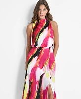 Dkny Women's Marbled-Print Draped-Neck Sleeveless Dress