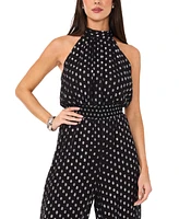 Vince Camuto Women's Foil Dot Halter Smocked-Waist Wide-Leg Jumpsuit