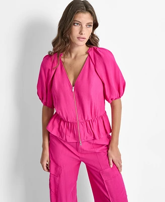 Dkny Women's V-Neck Zip-Front Short-Sleeve Top