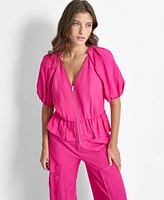Dkny Women's V-Neck Zip-Front Short-Sleeve Top
