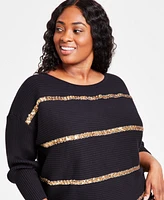 Jm Collection Plus Size Sequin-Stripe Boat-Neck Sweater, Created for Macy's