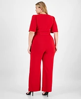 Tahari Plus Belted Wide-Leg Puffed-Shoulder Jumpsuit