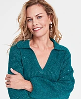 I.n.c. International Concepts Women's Sequin-Embellished Collared Long-Sleeve Sweater, Created for Macy's