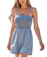 Cupshe Women's Light Blue Square Neck Smocked Bodice Wide Leg Romper