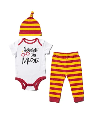 Harry Potter Baby Boys 3 Piece Outfit Set: Cuddly Bodysuit Pants Hat