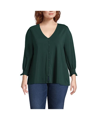 Lands' End Plus 3/4 Sleeve Lightweight Jersey Button Front Top