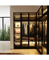 Famapy Black Wood Glass Doors Armoires Metal Frame Wardwore with Led Light
