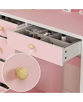 Famapy 5-Drawers Pink Wood Makeup Vanity Set Dressing Desk