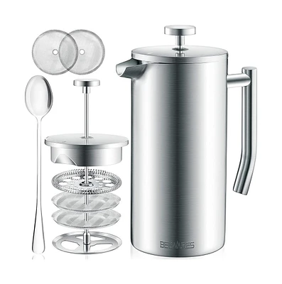 Belwares French Press Coffee Maker – Insulated Stainless Steel 304 Spoon, Double Wall, & 4 Level Filtration System