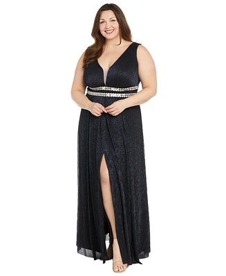 R & M Richards Plus Size Metallic Beaded-Waist Gown