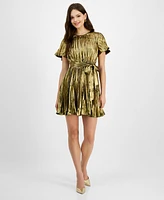 Sam Edelman Women's Gold Plisse Mini Tie Waist Dress