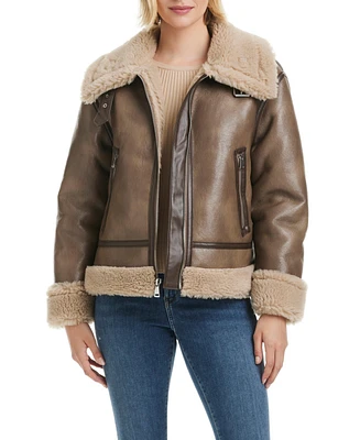 Sanctuary Women's Single-Breasted Faux Leather + Sherpa Bonded Jacket