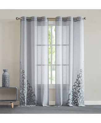 Dainty Home Natalie Linen Textured With 3D Velvet Scroll Design Light Filtering Window Panel Set