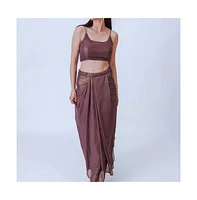 Raas Women's Purple Shimmery Pleated Skirt and Embellished Crop Top Set