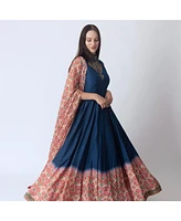 Raas Women's Blue Anarkali Suit with Hand Embroidery on the Torso and Patola Print Hem