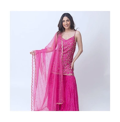 Raas Women's Pink Sharara Suit with Golden Hand Embroidered Kurta