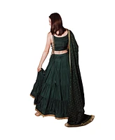 Raas Women's Green and Gold Lehenga Choli Set with Mirror Work Blouse Embellished Dupatta