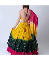 Raas Women's Multicolor Lehenga Choli with Off Shoulder Blouse and Layered Lehenga